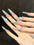 Daiiibabyyy  10pcs Handmade Long Oval Press On Nails Ice Blue 3D Butterfly Flower Design False Nail Tips For Wedding Wearable Fake Nails