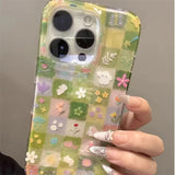 Daiiibabyyy  IND green grass grid pattern broken flower rabbit phone case with chain  for iPhone 11 12 13 14 15 16 17 Pro Max