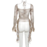 DAIIIBABYYY  -  New Women's Solid Color Slim Fit with Exposed Navel Fashion V-neck Hanging Neck Long Sleeved Top for Women