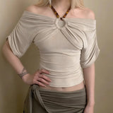 Daiiibabyyy  Short Sleeve Blouse For Woman Off Shoulder T-shirt Top Fitted Square Neck Tops Vintage Crop Top Beige Ruched Ribbed Knit
