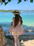 Daiiibabyyy  Vacation Style Floral Oil Painting Mini Slip Dress Female Clothing Hotsweet Summer Fashionable Lace Drawstring Ball Gown Dresses