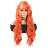 Daiiibabyyy  28inch Long orange Curly Wavy Wig with Bang For Women Synthetic Heat Resistant Wigs Daily Party Cosplay Use