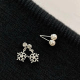 Daiiibabyyy  Shiny Zircon Snowflake Pendant Earrings for Women Exquisite Imitation Pearl Two Wear Earrings Party Charms Jewelry Accessories