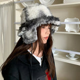 Daiiibabyyy  Japanese Tie-dye Gradient Lace-up Ear Protection Bucket Hat Winter Outdoor Thickened Lambswool Warm Lounge Basin Caps for Women