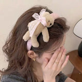 Daiiibabyyy  Pink Hair Clip Plush Bear Headband Lace Bow Soft Cartoon Animal Hair Claw Non-slip Texture Lightweight Hairband Washing Face