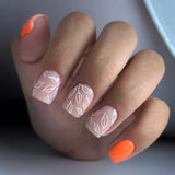 Daiiibabyyy 24Pcs Wearable Nails Set with Glue Summer White French Fake Nail Short Square False Nails Flower Designs Press on Nails