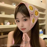 Daiiibabyyy  Women's Headscarf Dopamine French Mint Mambo Style Knitted Flower Triangular Headscarf Country Style Seaside Photo Girl Headband