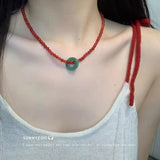 DAIIIBABYYY  -  Korean Fashion Retro Goth Beaded Cherry Pendant Necklace For Women Egirl Aesthetic Grunge Y2k 90s Jewelry Accessories