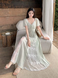 DAIIIBABYYY  -  Lace Patchwork Design V-neck Short Sleeved Dress New French Style Gentle Women's Tie Up Clothing Slim Waist Stylish Long Dresses