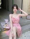 Daiiibabyyy  New Pink Romantic Floral Skirt Summer Slimming Solid Color Fashionable and Fresh Short Skirt Small Slim Strap Dress S6YW