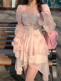 DAIIIBABYYY  -  Korean Print Ruffles Pink Mini Dress Slim Wasit Fairy Puff Sleeve Ball-Gown Square-Collar Vestidos 2025 Summer Chic New Clothes