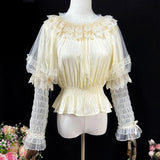 Daiiibabyyy  Lolita Style Women Vintage Japanese Sweet Blouses Long Sleeve Victorian Lace Mesh Shirts Girls Kawaii Fairy Tops Blusas Mujer