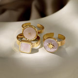 Daiiibabyyy  Gold Plated Stainless Steel Rings for Women Natural White Shell Chic Exquisite Trendy Jewelry Waterproof