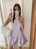 DAIIIBABYYY  -  Korean 2025 Retro Plaid Vest Dress Women Summer New Design Sense Drawstring Tied Flower Bud Short A-line Vestidos
