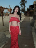 DAIIIBABYYY  -  Pure Sexy Hot Girl Vacation Suit Women's Summer Strapless Lace-up Short Top High-waisted Skirt Two-piece Set Female Clothes