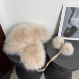 Daiiibabyyy  Plush Pom Pom Laced Up Bomber Hats Women Winter Warm Imitation Mink Ear Pilot Hat Cute Tail Hanging Ball Tether Snow Ski Beanies