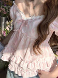 Daiiibabyyy  Sweet Temperament Flower Print V Neck Puff Sleeve Bow Ruffles Bandage Women Blouse