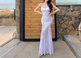 Daiiibabyyy  French Blue Floral Print Halter Dress Women Summer Beach Vacation Slimming Pure Desire Fish Tail Wrap Long Skirt Casual Gown