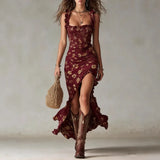 Daiiibabyyy  New Bohemian Vintage Ruffled Sleeveless Camisole High Slit Dress Ideal for Summer Occasions