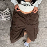 Daiiibabyyy  Women's Summer Shorts Cotton Mid Waist Drawstring Short Pants Olive Green Flap Pocket Casual Shorts Brown Loose Fit Cargo Shorts