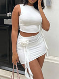 DAIIIBABYYY  -  Solid Chic Two Piece Sets for Women Round Neck Sleeveless Short Tops High Waist Spliced Appliques Skirts Slim Set Female