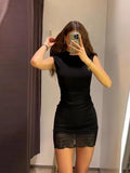 Daiiibabyyy  Sleeveless Stretch Lace Patchwork Short Dress Women Sexy O-neck Waist Cinching Hip Package Bodycon Evening Dresses Chic New Robe