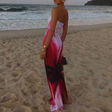 Daiiibabyyy  Fashion Hollow Out Backless Slim Banquet Dress Women's Casual Sleeveless Wrap Hip Long Dress Strapless Flower Print Beach Dress