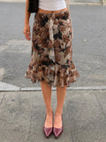Daiiibabyyy  American Vintage Flower Print Ruffles Gauze Patchwork Low Waist Mid-length Skirts