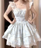 DAIIIBABYYY  -  Hot Girl Lace Flying Sleeve Floral Dress for Women's Summer Slim Fit Square Collar A-line Short Dress Fashion Female Clothes