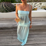 Daiiibabyyy  Women's Sexy Sleeveless Mesh Patchwork Solid Gowns Fashion Hight Waist Vacation Long Dress Elegant Off Shoulder Suspenders Dress
