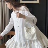 Daiiibabyyy  Autumn New White  Big Skirt Three-dimensional Waist Bottom Long Sleeve Shirt Dress  dresses for women