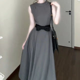 DAIIIBABYYY  -  Women's New French Round Neck Grey Dress Two Sided Wear Style Summer Butterfly Knot Waist Design Sleeveless Ankle-Length Dresses