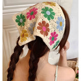 DAIIIBABYYY  -  New Summer Sweet Color Matching Crochet Knitted Headscarf Women's Seaside Beach Vacation Hollow Triangular Scarf Headband