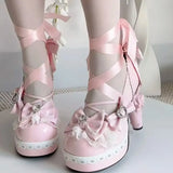 Daiiibabyyy  Original Egg Tart Heart High Heel Lolita Shoes with  Knot Silk Ribbon and Unique Shape Heel for Women