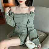 Daiiibabyyy  Sexy Shirring Slash Neck Puff Sleeve Women Dress New Spring Autumn Korean Style Above Knee Solid Color Belt Long Skirt