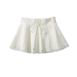 Daiiibabyyy  Holiday Front Cross Lacing up Bandage Bow Zipper Waist Mini Skirt Women White Spliced Lace Hem Ruched Swing A-lined Skirts Black