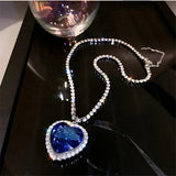 Daiiibabyyy  Blue Heart Crystal Necklaces for Women Long Chain Pendant Necklaces Statement Jewelry Wedding Party Gift