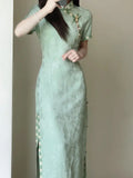 DAIIIBABYYY  -  Women Green Cheongsam Elegant Daily Improved Qipao Summer Young Girls Modern Chinese Dress Long Dresses