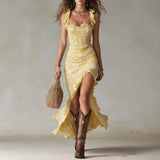 Daiiibabyyy  New Bohemian Vintage Ruffled Sleeveless Camisole High Slit Dress Ideal for Summer Occasions