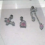 Daiiibabyyy  1Pcs Pink Zircon Heart Bowknot Chain Ear Bone Nail For Women Girls Sweet Cute Silver Color Piercing Earrings Y2K Jewelry