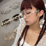 DAIIIBABYYY  -  Metal Gradient Color Set Diamond Glasses Women Men Sunglasses Vintage Eye Protector Fashion Accessories Blue Light Goggles