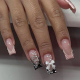 Daiiibabyyy  24Pcs Mid-length Square Press on Nails French Reusable Full Cover Fake Nails Tips 3D Star Love Heart Pearl Design False Nail Art