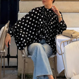 Daiiibabyyy  Polka Dot Tie-Strap Semi-Transparent Lantern Sleeve Women Blouse Elegant Loose Fashionable With Multiple Styles Long-sleeved Top