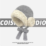 Daiiibabyyy  Korean Niche Lambs Wool Knitted Pullover Hat Thickened Warm Ear Protection Lace-up Winter Outdoor Riding Bomber Hats for Women's
