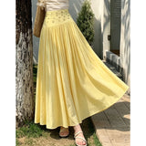Daiiibabyyy  Women Bohemian Vacation Skirt High Waisted Solid Pleated Summer Skirt A Line Beach Vintage Yellow Casual Preppy Style Skirt