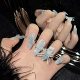 Daiiibabyyy 10Pcs White Handmade Press on Nails Butterfly Flower Wearable Rhinestones False Nails Ballet Glitter Decoration Nail Tips Art