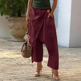 Daiiibabyyy  Women's Baggy Pants Cotton Linen Harem Trousers High Waist Wide Leg Pants Wrap Front Cropped Solid Color White Olive Green Pants