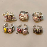 DAIIIBABYYY  -  French niche design tinfoil style bright silver textured gemstone-encrusted open ring