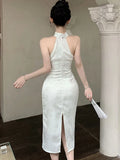 DAIIIBABYYY  -  Summer White Acetate Satin Jacquard Chic Neck-mounted Dress Women Elegant Bodycon Festival Dress 2025 Korean Fashion Party Dress