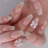 Daiiibabyyy  White Glitter Powder Bowknot Long Pointed Fake Nails Art Ballet False Nail Cow Print Pearl Rhinestone Pink Almond Press on Nails